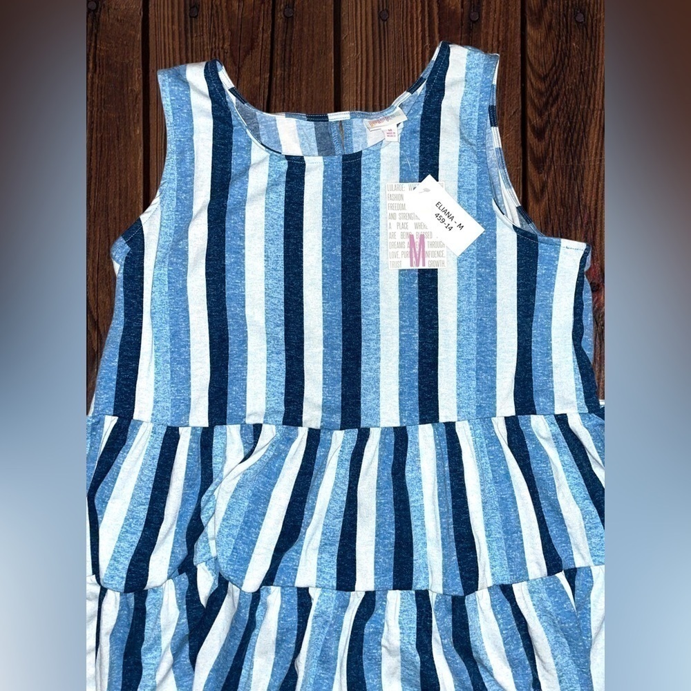 LuLaRoe Women’s Medium Eliana Tiered Tank Top • Blue Vertical Stripes Sleeveless - Picture 8 of 13